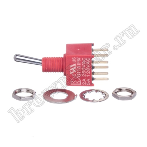 Тумблер мини двухполюсный влагозащищенный, 6 контактов (on-on), на плату, с гайкой, DPDT, IP67, B068ET PST-132A фото 3