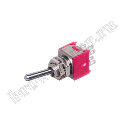 Тумблер мини двухполюсный, 6 контактов (on-on), на панель, с гайкой, DPDT, B070E PST-42A